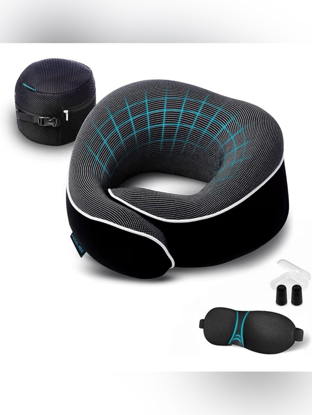 New ProGlobe Black Memory Foam Travel Neck Pillow Set
